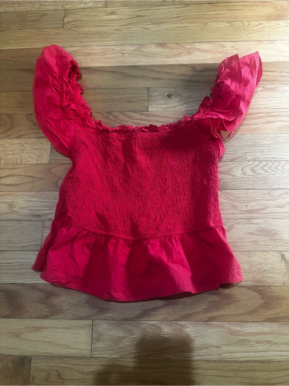 Hausen Red Smocked Ruffle Crop‎ Top Small